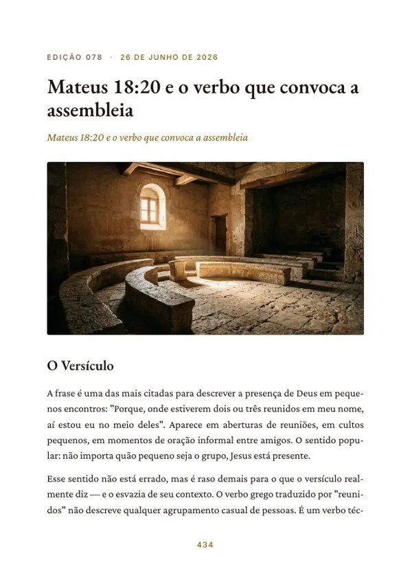 Página 434 do volume: abertura da edição 078, Mateus 18:20 e o verbo que convoca a assembleia